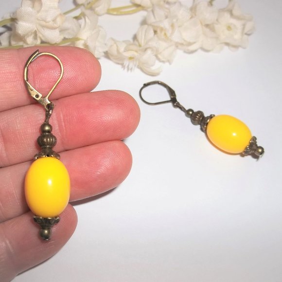 Yellow & Bronze Boho Style Beaded Earrings Dangle and Drop Lever Back Set 5722 - Picture 6 of 6